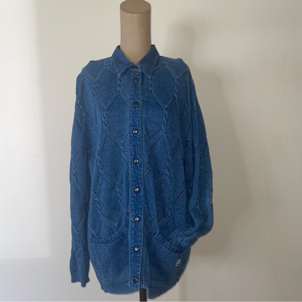 Blue Willli's Denim-Style Knit Patch Pullover-cotton-VNTGE-snap button XL
